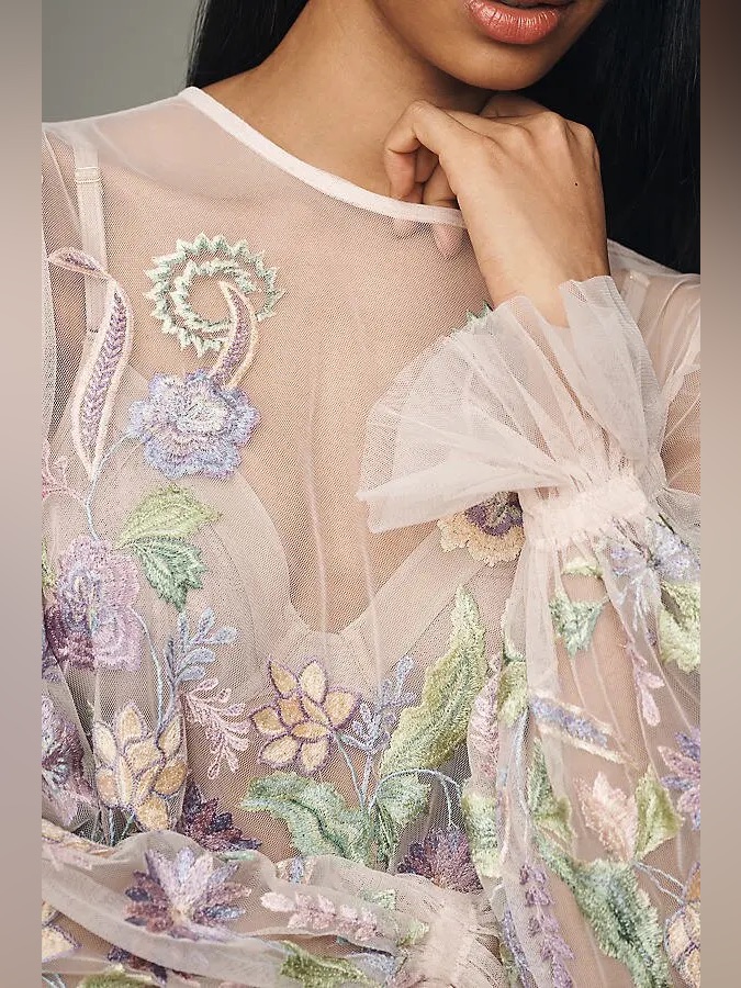 Anthropologie Long-Sleeve Embroidered Mesh Top